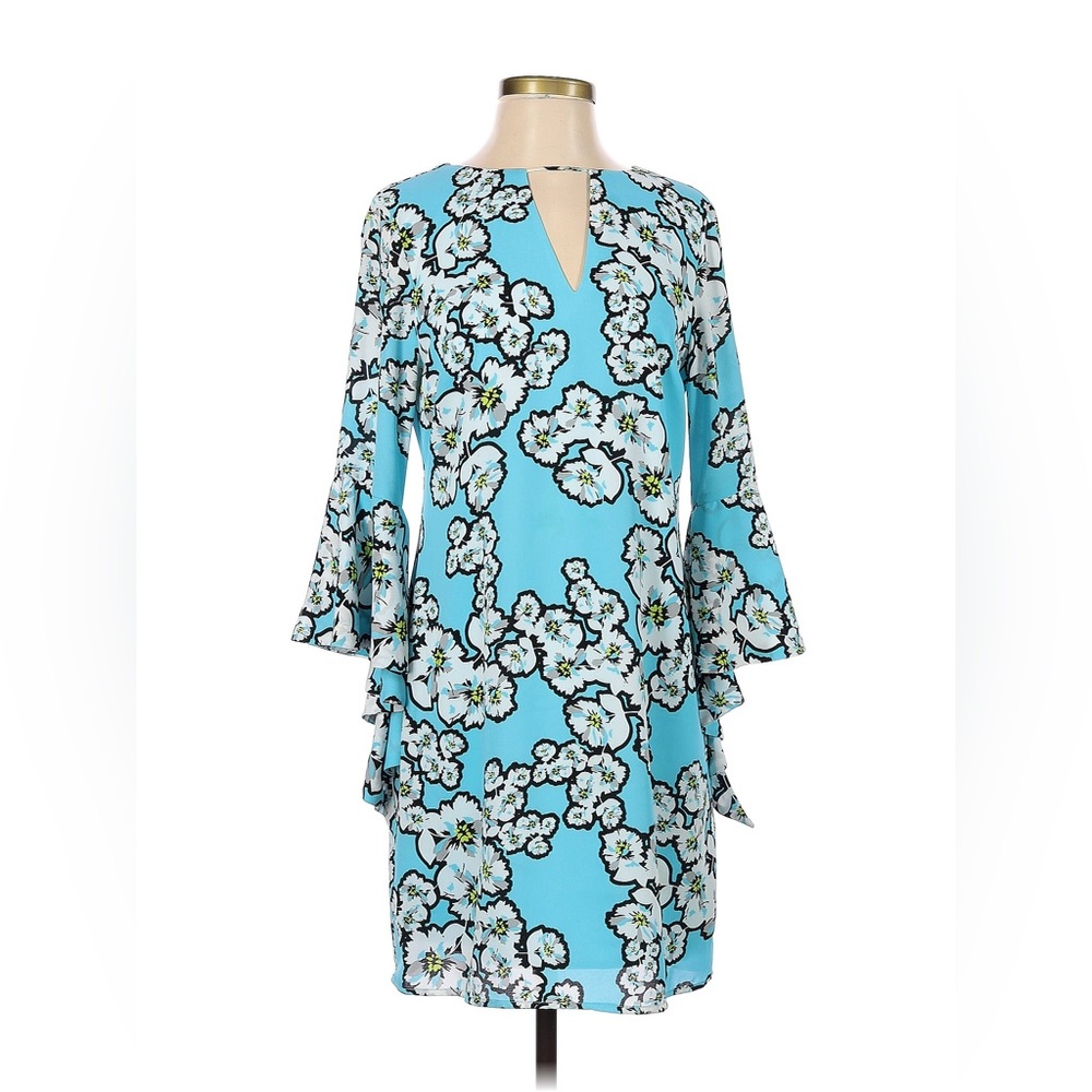 Kaari Blue aqua floral long sleeve dress size 10